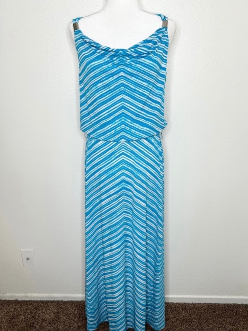 Calvin Klein Womens Blue Striped Cowl Neck Sleeveless Maxi Dress Size S